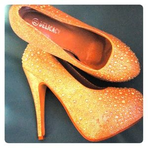 Gold rhinestone pumps